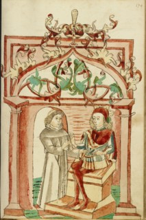 Josaphat Enthroned Speaking to Barlaam Dressed as a Monk; Barlaam und Josaphat, 1469. Creators: Hans Schilling, Diebolt Lauber.