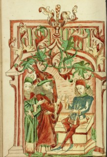 King Avenir and a Doctor come to Josaphat; Barlaam und Josaphat, 1469. Creators: Hans Schilling, Diebolt Lauber.