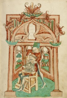 The Hermit Being Shaved; Barlaam und Josaphat, 1469. Creators: Hans Schilling, Diebolt Lauber.
