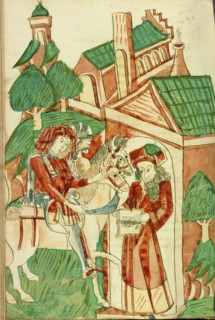 Two Horsemen of King Avenir before the Pagan Scholar Nachor; Barlaam und Josaphat, 1469. Creators: Hans Schilling, Diebolt Lauber.