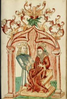 Josaphat and King Avenir in Conversation; Barlaam und Josaphat, 1469. Creators: Hans Schilling, Diebolt Lauber.