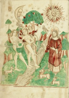The Garden of Eden and Adam and Eve Eating the Forbidden Fruit; Barlaam und Josaphat, 1469. Creators: Hans Schilling, Diebolt Lauber.