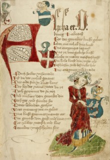 A Modishly Clothed Woman with the Falkenstein Coat of Arms; Barlaam und Josaphat, 1469. Creators: Hans Schilling, Diebolt Lauber.