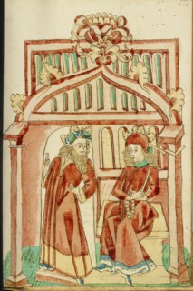 King Avenir Leaving the Enthroned Josaphat; Barlaam und Josaphat, 1469. Creators: Hans Schilling, Diebolt Lauber.