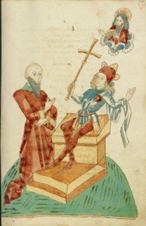 A Pagan Scholar before Josaphat, who Gestures to God the Father in Heaven, 1469. Creators: Hans Schilling, Diebolt Lauber.