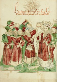 The Royal Couple with Astrologists; Barlaam und Josaphat, 1469. Creators: Hans Schilling, Diebolt Lauber.