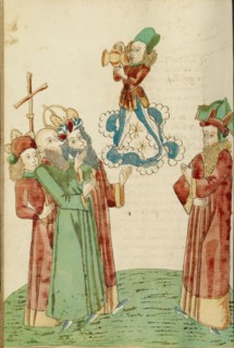 King Avenir, Josaphat, and the Pagan Scholars Behold an Image of Bacchus, 1469. Creators: Hans Schilling, Diebolt Lauber.