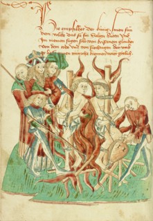 King Avenir Ordering the Burning of Two Monks in the Presence of his Son Josaphat, 1469. Creators: Hans Schilling, Diebolt Lauber.