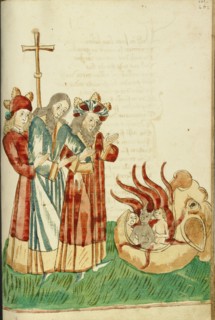 King Avenir, Josaphat and Nachor Behold the Hell Mouth; Barlaam und Josaphat, 1469. Creators: Hans Schilling, Diebolt Lauber.