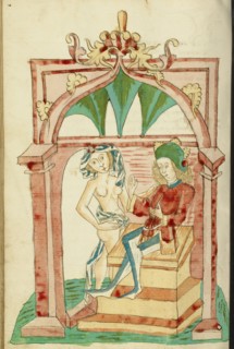 Josaphat Enthroned Tempted by a Naked Woman; Barlaam und Josaphat, 1469. Creators: Hans Schilling, Diebolt Lauber.