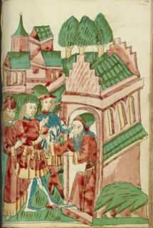 Three Men Approach a Hermit; Barlaam und Josaphat, 1469. Creators: Hans Schilling, Diebolt Lauber.