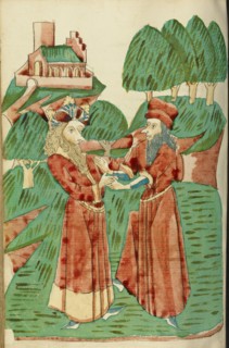 King Avenir Receives Advice from Theodas; Barlaam und Josaphat, 1469. Creators: Hans Schilling, Diebolt Lauber.