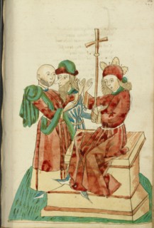 Theodas and Another Man Before the Enthroned Josaphat; Barlaam und Josaphat, 1469. Creators: Hans Schilling, Diebolt Lauber.