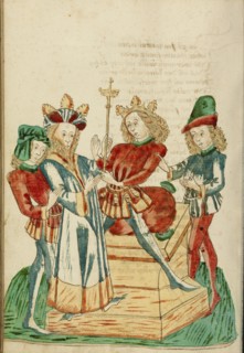 King Avenir Divides his Kingdom with Josaphat; Barlaam und Josaphat, 1469. Creators: Hans Schilling, Diebolt Lauber.