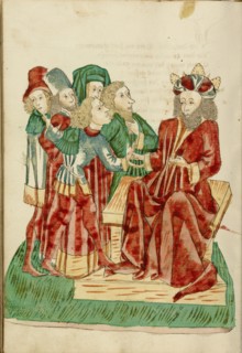 King Avenir Converses with his Courtiers; Barlaam und Josaphat, 1469. Creators: Hans Schilling, Diebolt Lauber.
