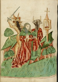 Josaphat Attacked by Two Demons; Barlaam und Josaphat, 1469. Creators: Hans Schilling, Diebolt Lauber.
