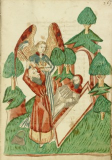 Josaphat buries Barlaam, while an Angel Holds his Crown; Barlaam und Josaphat, 1469. Creators: Hans Schilling, Diebolt Lauber.