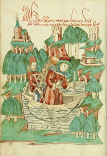Barlaam, Carrying a Shoulder Pack, Crosses a River; Barlaam und Josaphat, 1469. Creators: Hans Schilling, Diebolt Lauber.