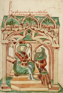 King Avenir Receiving Barlaam's Precious Gem; Barlaam und Josaphat, 1469. Creators: Hans Schilling, Diebolt Lauber.