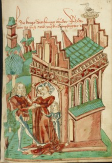 The King's Brother Welcomed by his (own) Wife and Daughter; Barlaam und Josaphat, 1469. Creators: Hans Schilling, Diebolt Lauber.