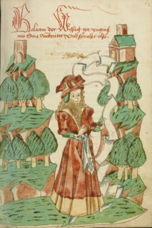 Barlaam with a Scroll; Barlaam und Josaphat, 1469. Creators: Hans Schilling, Diebolt Lauber.