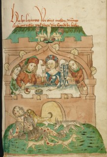 The Banquet of the Rich Man with Lazarus Outside Attacked by Dogs; Barlaam und Josaphat, 1469. Creators: Hans Schilling, Diebolt Lauber.