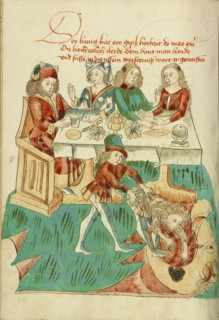 A Royal Wedding Feast: An Unsuitably Dressed Guest Cast into Darkness; Barlaam und Josaphat, 1469. Creators: Hans Schilling, Diebolt Lauber.