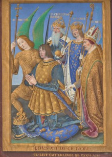 Louis XII of France Kneeling in Prayer, Accompanied by Saints Michael, Charlemagne..., 1498/1499. Creator: Jean Bourdichon.