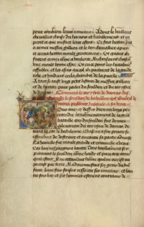 Initial V: King Tarsus Capturing the Sultan; Roman de Gillion de Trazegnies, 1464. Creators: Lieven van Lathem, David Aubert.