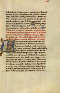 Initial A: Gillion and His Companion Hertan Secretly Returning to Cairo, 1464. Creators: Lieven van Lathem, David Aubert.