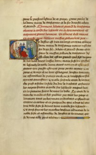 Initial C: Gillion's Sons Taking Leave of Their Mother Marie; Roman de Gillion de Trazegnies, 1464. Creators: Lieven van Lathem, David Aubert.