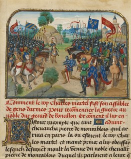 The Armies of France and Burgundy with Martel in Prayer, written 1463-1465; illuminated 1467-1472. Creators: Loyset Liedet, Pol Fruit.