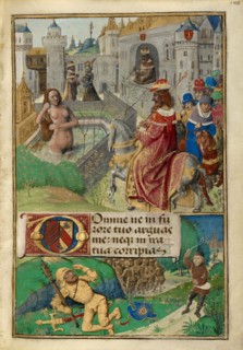 David and Bathsheba: David Slaying Goliath; Poncher Hours, about 1500. Creator: Master of Cardinal Bourbon.