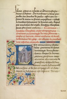 Initial L: Saint Anthony Appearing to Bishop Theophilus and Leading Him to His..., about 1465-70. Creators: Master of the Brussels Romuléon, Workshop of the Master of the Brussels Romuléon.