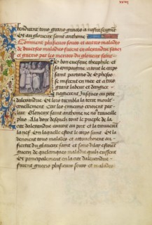 Initial L: The Sick in Alexandria Are Healed after Touching the Body of Saint Anthony, about 1465-70 Creators: Master of the Brussels Romuléon, Workshop of the Master of the Brussels Romuléon.