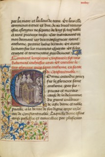 Initial C: The Emperor of Constantinople Enshrining the Body of Saint Anthony, about 1465-1470. Creators: Master of the Brussels Romuléon, Workshop of the Master of the Brussels Romuléon.