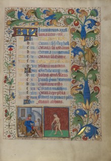Calendar Page for January: Keeping Warm: Aquarius; Book of Hours, about 1450-1455. Creator: Master of the Lee Hours.