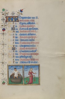 Calendar Page for September: Making Wine: Libra; Book of Hours, about 1450-1455. Creator: Master of the Lee Hours.