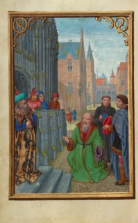 Joseph of Arimathea Before Pilate; Prayer Book of Cardinal Albrecht of Brandenburg, about 1525-1530. Creator: Simon Bening.