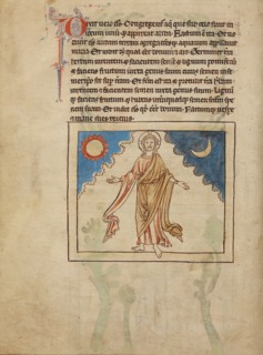 The Creation of the Sun, Moon, and Stars; Northumberland Bestiary, about 1250-1260. Creator: Unknown.