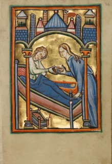 The Birth of the Virgin; Illustrated Vita Christi..., about 1190-1200; text added about 1480-1490. Creator: Unknown.