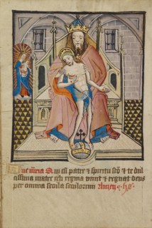 God the Father and Son with the Virgin; Illustrated Vita Christi..., about 1480-1490. Creator: Unknown.