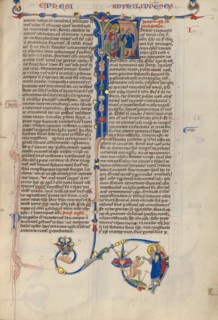 Initial P: Saints Paul and Barnabas with a disabled man at Lystra; Abbey Bible, about 1250-1262. Creator: Unknown.