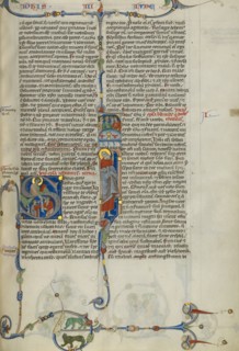 Initial S: Saint John Handing a Scroll to Two Men: Initial I: Saint Jude..., about 1250-1262. Creator: Unknown.