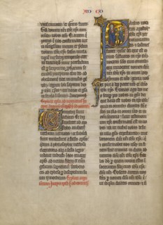 Initial P: Saint Paul Giving a Book to a Messenger; Concluding Volume of a Bible, about 1260-1270. Creator: Unknown.
