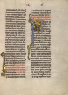 Initial P: Saint Paul Giving a Book to a Messenger; Concluding Volume of a Bible, about 1260-1270. Creator: Unknown.