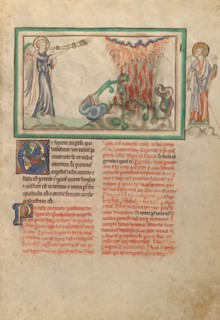 The First Trumpet: Hail and Fire Fall from Heaven; Dyson Perrins Apocalypse, about 1255-1260. Creator: Unknown.