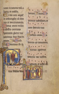 Initial P: A Priest and Two Deacons before an Altar: Monogram VD..., between 1234 and 1262. Creator: Unknown.