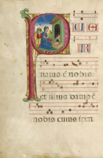 Initial P: The Adoration of the Christ Child and The Annunciation to the Shepherds, about 1460-1480. Creator: Unknown.