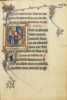 Initial A: The Mocking of Christ: Initial L: Two Men Holding Scrolls; Ruskin Hours, about 1300. Creator: Unknown.